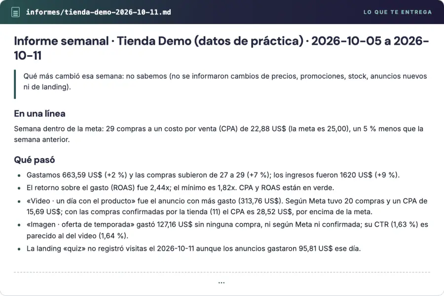Captura real del informe semanal que escribe la skill informe-semanal con los datos de práctica de Tienda Demo