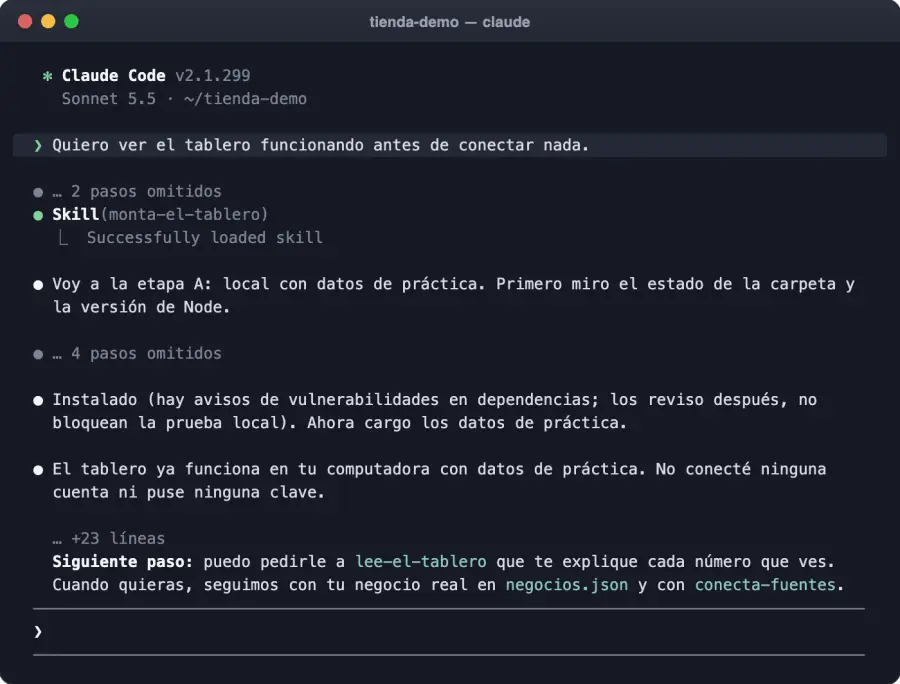 Captura real de Claude Code corriendo la skill monta-el-tablero con datos de práctica